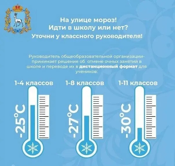 Министерство образования и науки Самарской области информирует о проведении занятий в период морозов.